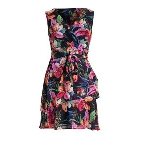 CONNECTED APPAREL Black Chiffon Tie Tiered Sleeveless Fit + Flare Dress size 14